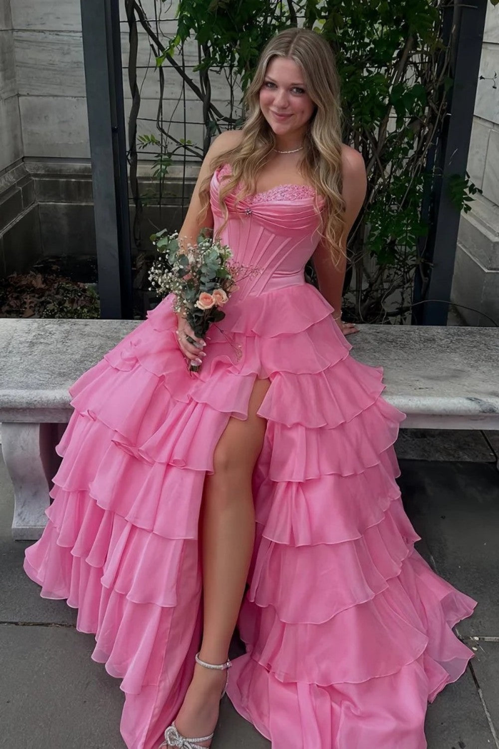 Princess A Line Sweetheart Light Blue Corset Prom Dress with Appliques Ruffles - View 9 | FashionDia