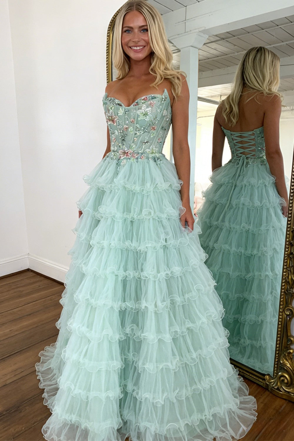 Stunning A Line Sweetheart Mint Green Tiered Tulle Corset Prom Dress with Floral