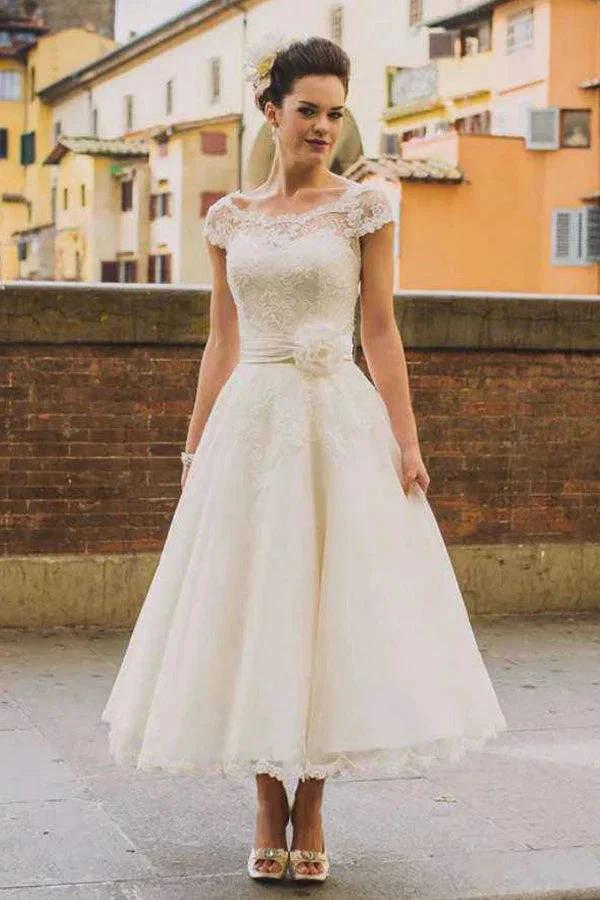 Princess Tea-Length Tulle Wedding Dresses With Appliqued Flowers (ZD16140)