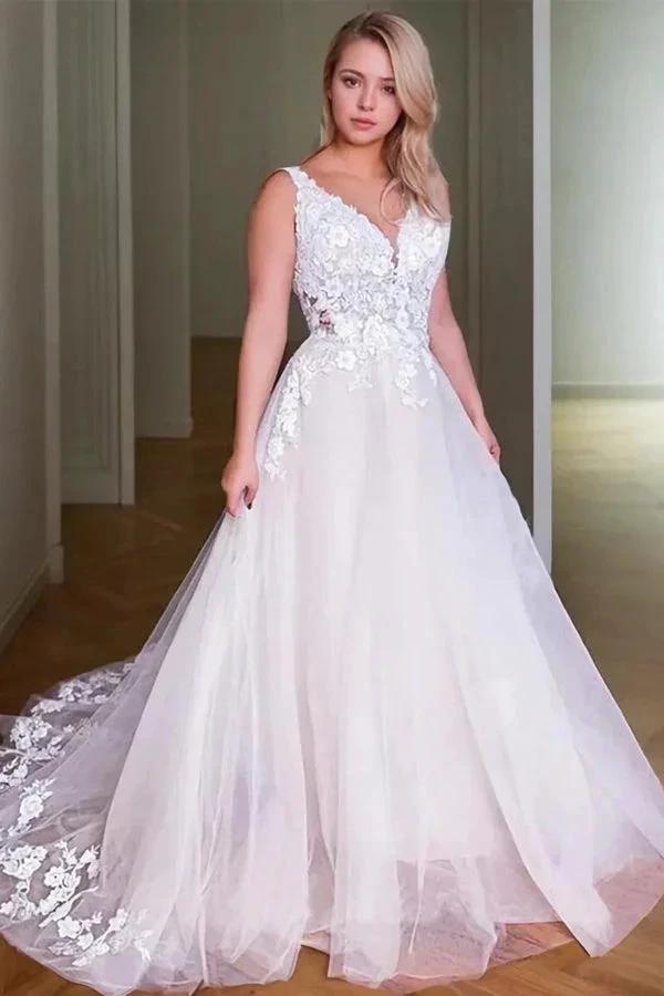 Princess V-Neck Sweep Train Wedding Dresses With Lace Appliques WD710 by pgmdress