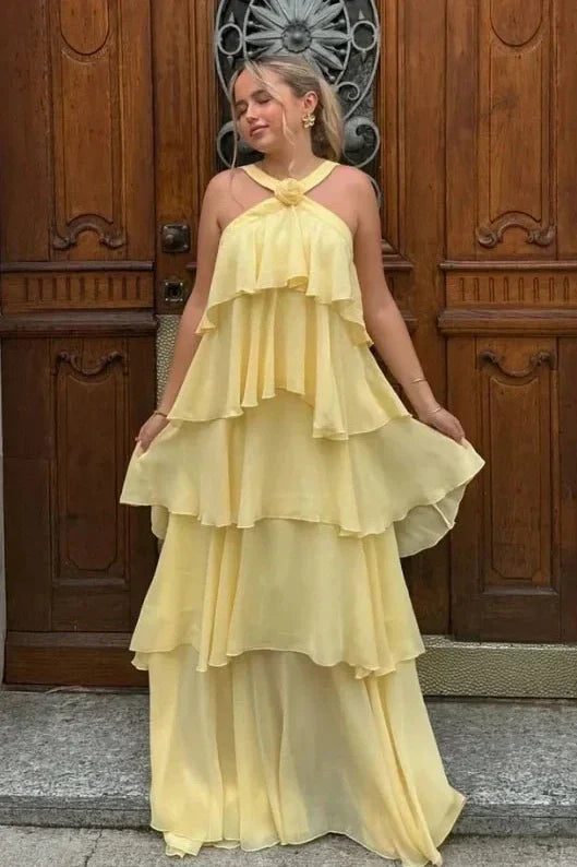 Princess A Line Halter Neck Pink Long Prom Dress with Ruffles