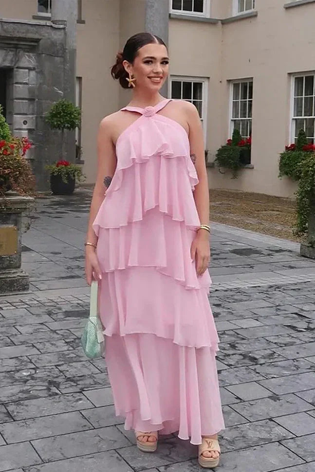 Princess A Line Halter Neck Pink Long Prom Dress with Ruffles