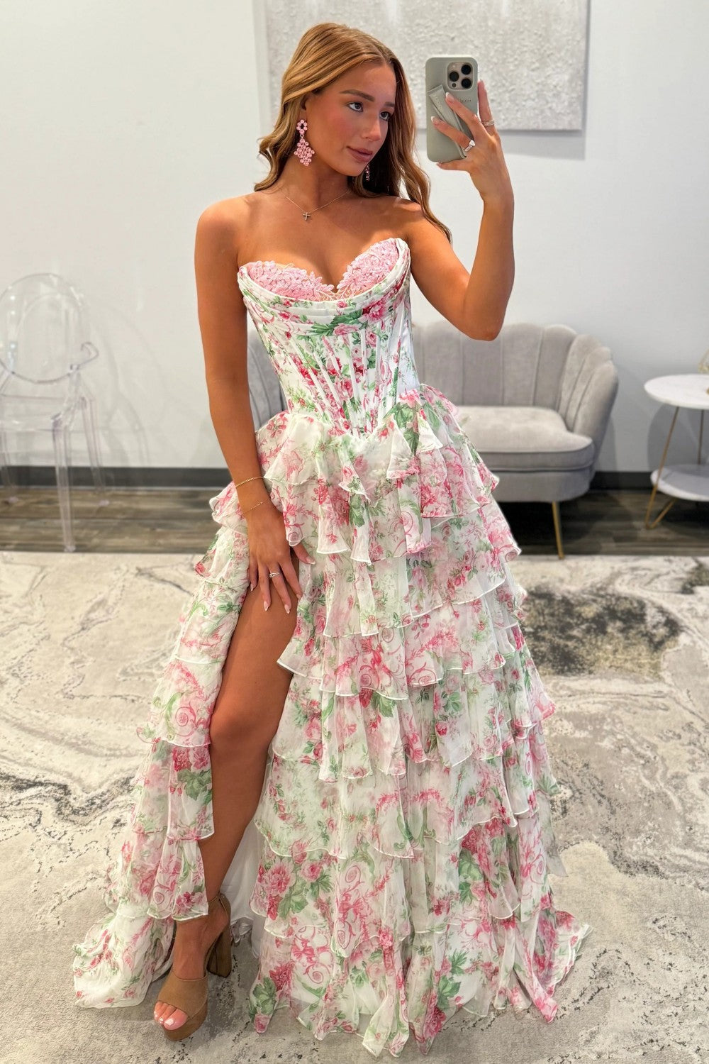 Princess A Line Sweetheart Pink Corset Prom Dress with Ruffles