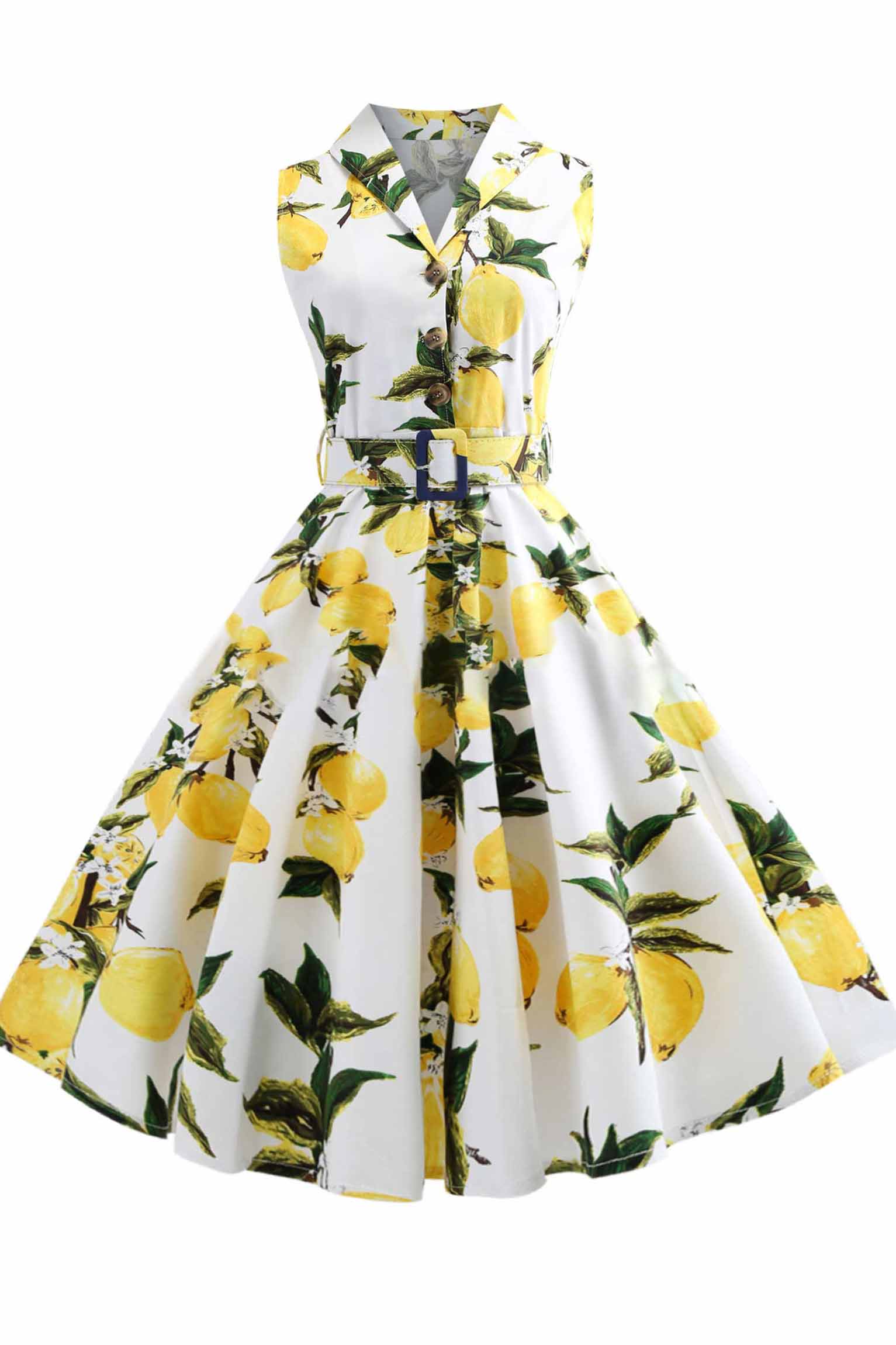 Printed Belt Lapel Sleeveless Dress - Fashionpara