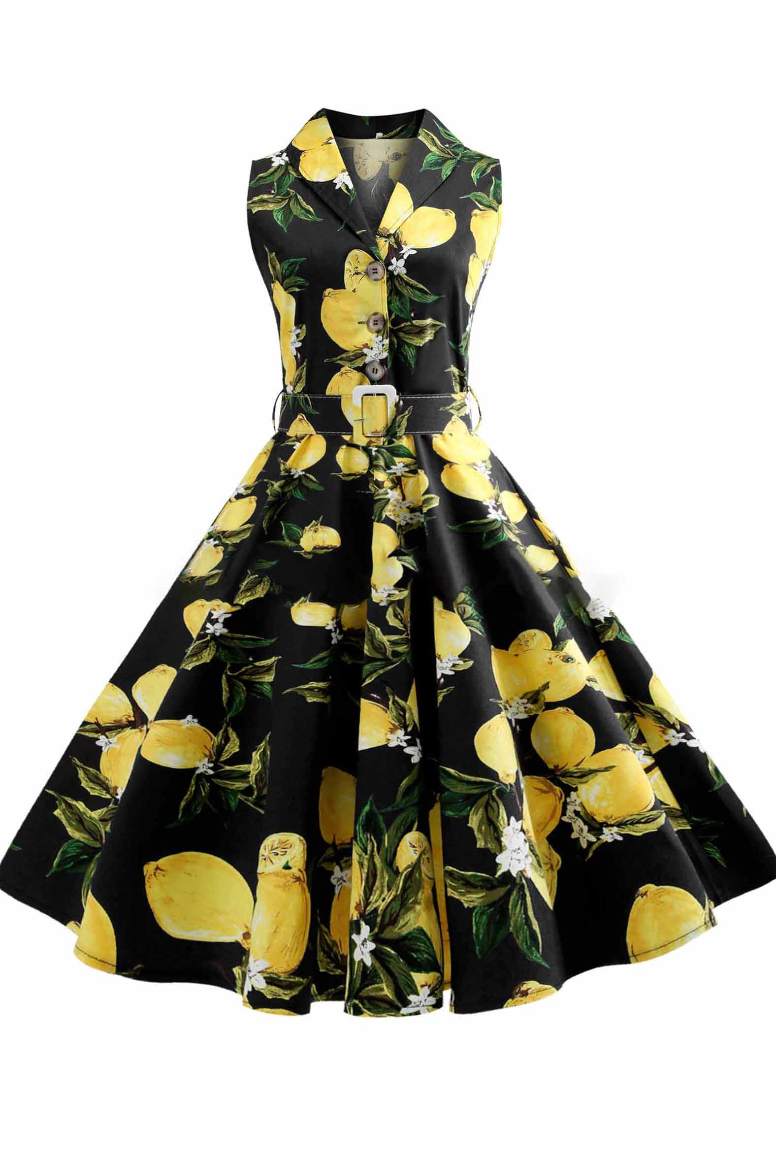 Printed Belt Lapel Sleeveless Dress - Fashionpara