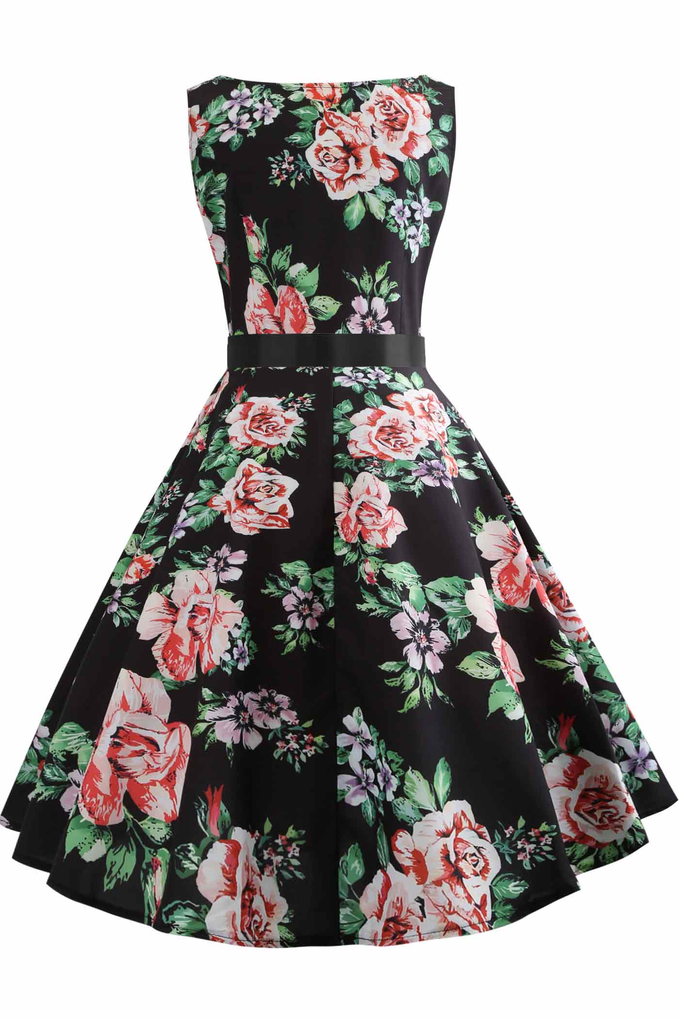 Hepburn Vintage Floral Sleeveless Dress - Fashionpara