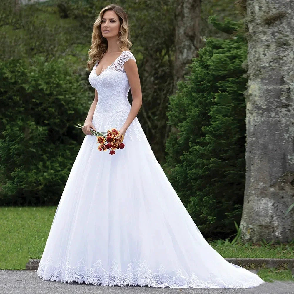 Pure White Wedding Dress Elegant Cap Sleeve Vestido De Noiva Sexy V Neck Lace Vestidos De Novia by payinti