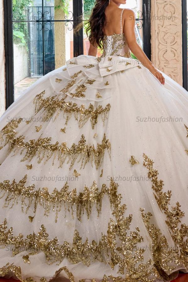Purely Ball Gown Sweetheart Neck Spaghetti Straps Sleeveless Tiered Beaded Sequins Appliques White Tulle Quinceanera Dress Birthday Party Gown For Sweet 16