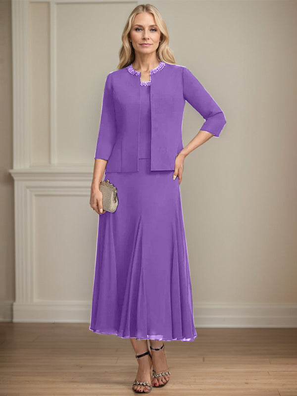 Separates A-line Scoop Tea-Length Chiffon Mother of the Bride Dress With Sequins Beading