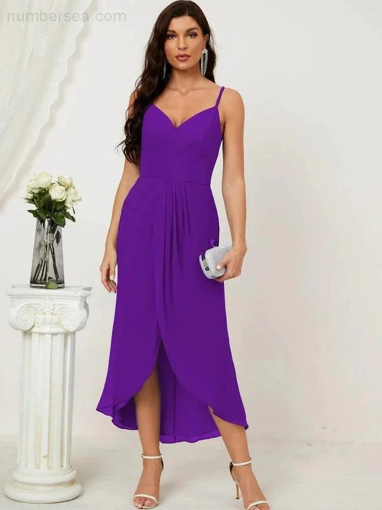ZapDress Spaghetti Chiffon V Neck Bridesmaid Dress Mid-Length Slit Formal Prom Dress Homecoming Dress 2803 (ZD16952)