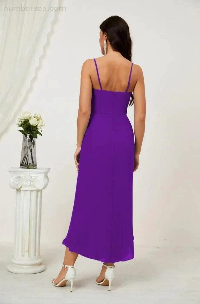 ZapDress Spaghetti Chiffon V Neck Bridesmaid Dress Mid-Length Slit Formal Prom Dress Homecoming Dress 2803 (ZD16952)