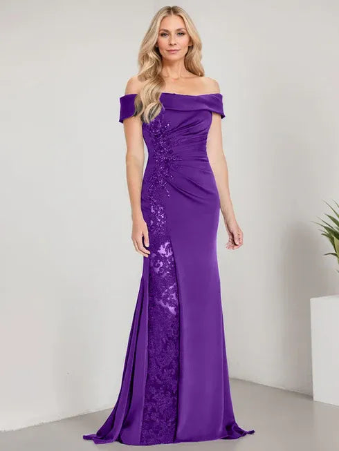 A-Line Off the Shoulder Floor-Length Mother of the Bride Dress Applique Beadings Mermaid Dress With High Split