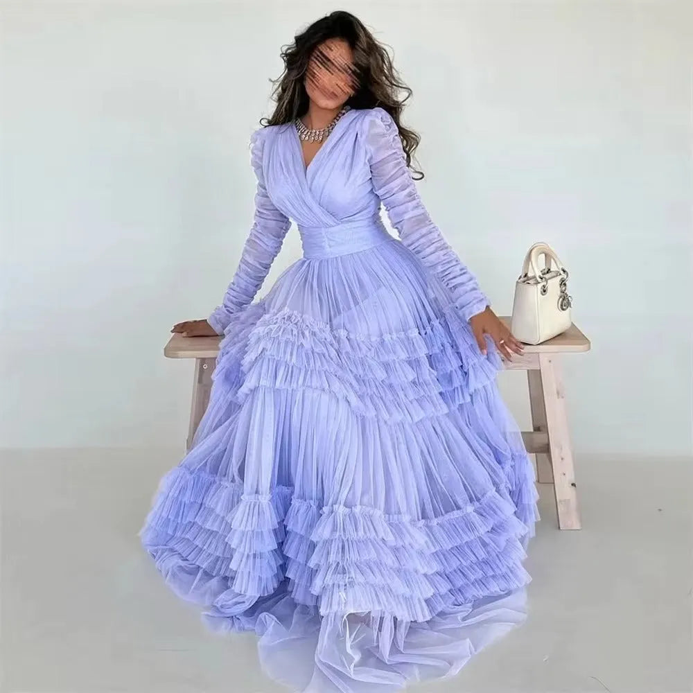 Elegant Arabia Tulle Prom Dress A-Line Long Sleeves Tiered Ruffles Pleat Floor Length Evening Dress vestidos de gala