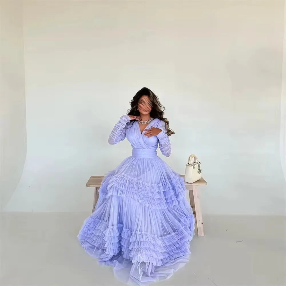 Elegant Arabia Tulle Prom Dress A-Line Long Sleeves Tiered Ruffles Pleat Floor Length Evening Dress vestidos de gala