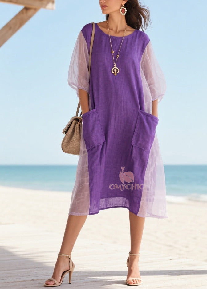 Purple Patchwork Tulle Vacation Dress Oversized Pockets Summer
