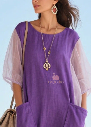 Purple Patchwork Tulle Vacation Dress Oversized Pockets Summer