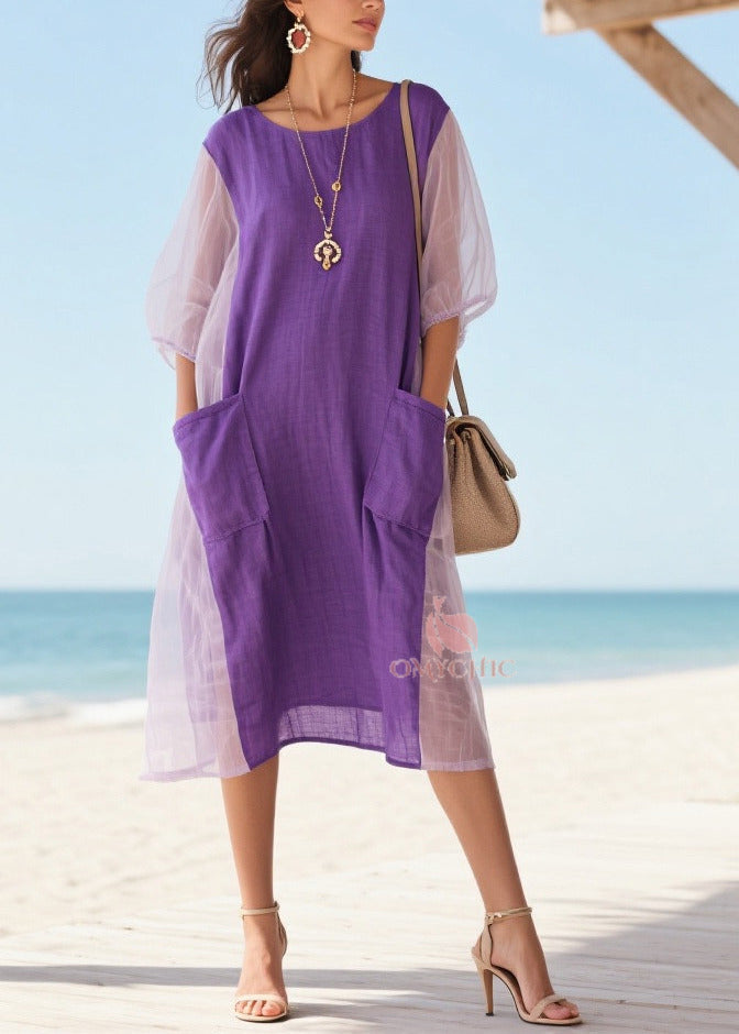 Purple Patchwork Tulle Vacation Dress Oversized Pockets Summer