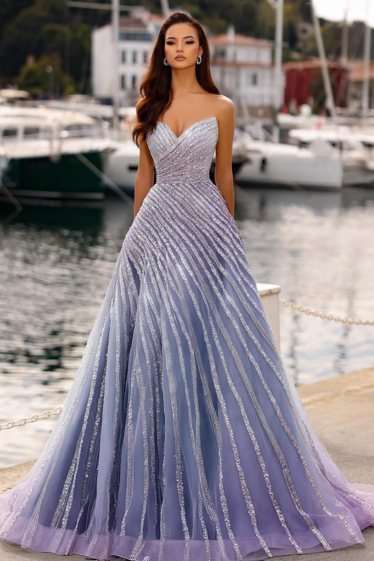Purple Prom Dress A Line Sweetheart Strapless Sleeveless Sequined Floor Length Tulle Formal Dress