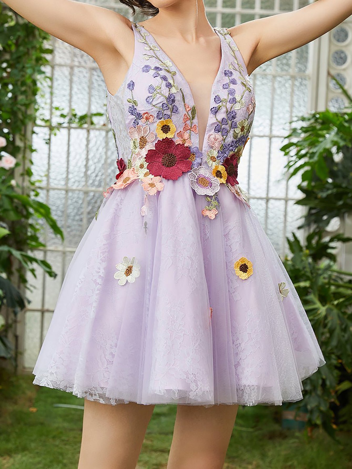 A-Line Lilac V Neck Backless Short Homecoming Dress with 3D Flowers - Fashionpara