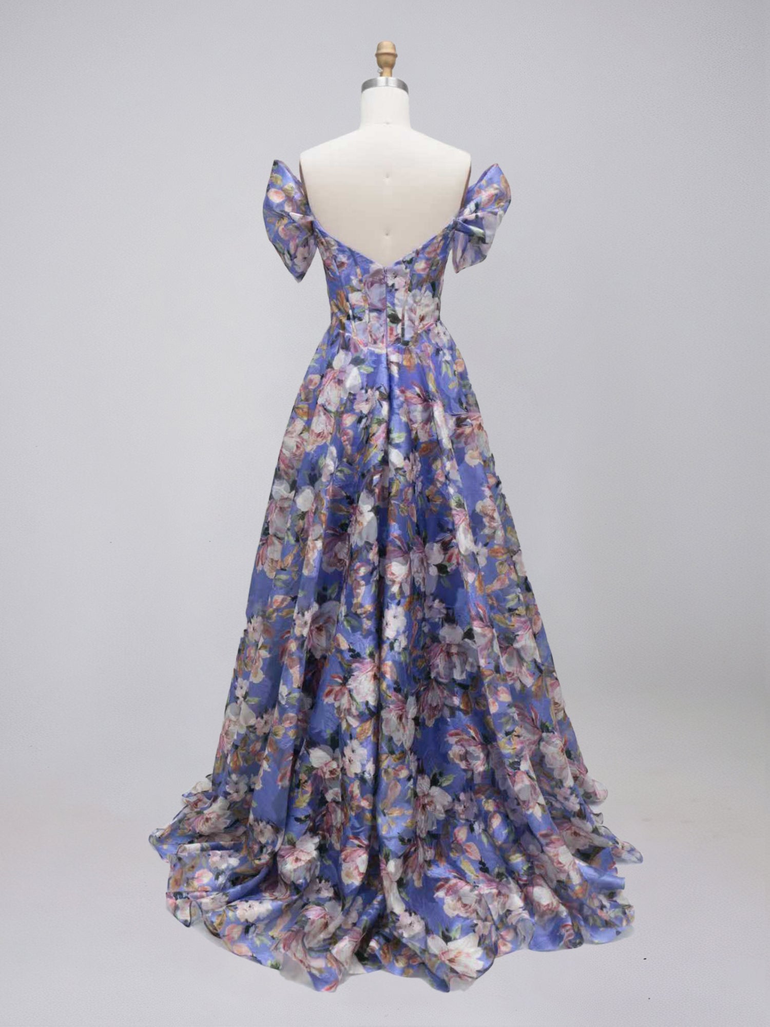 Purple Floral Print Off-the-Shoulder A-Line Prom Dress with Corset Bodice