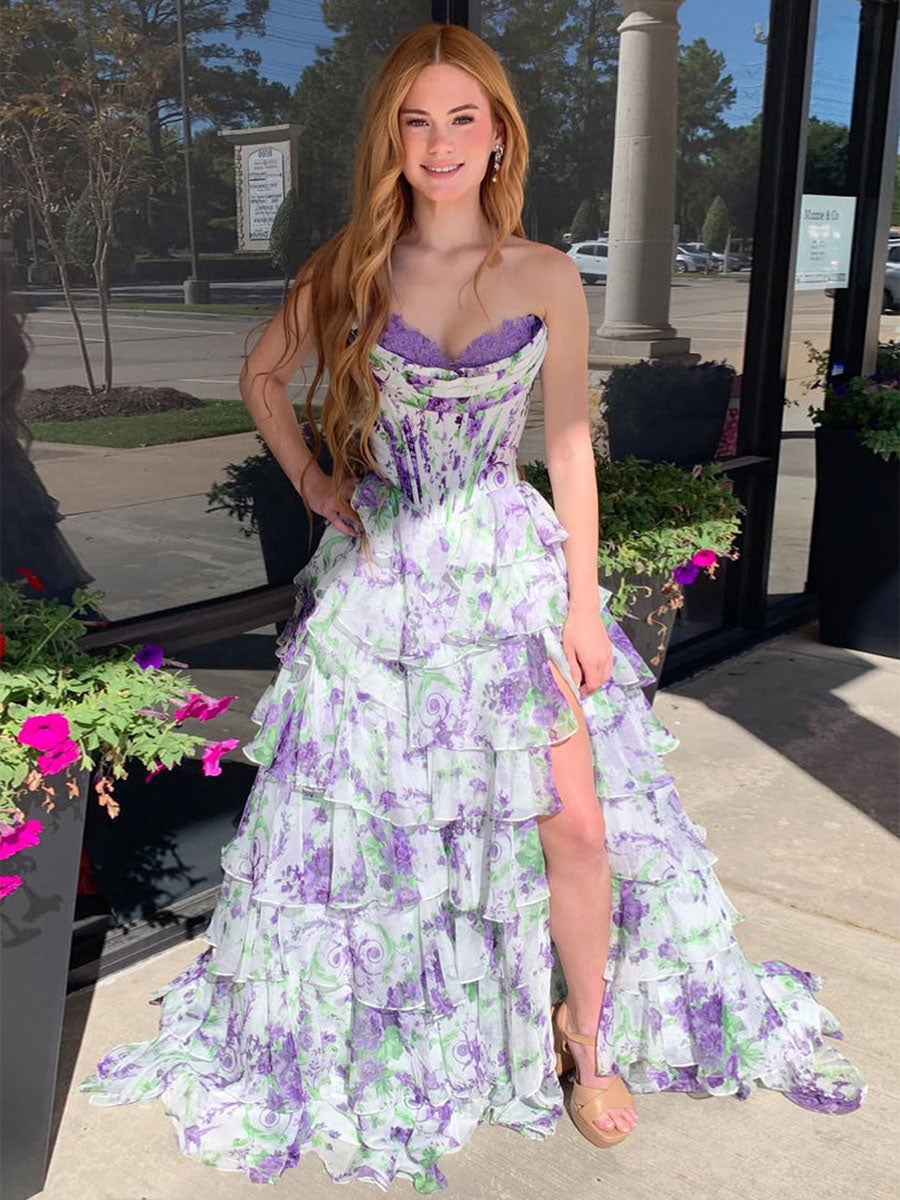 A Line Sweetheart Floral Chiffon Tiered Prom Dress with Slit
