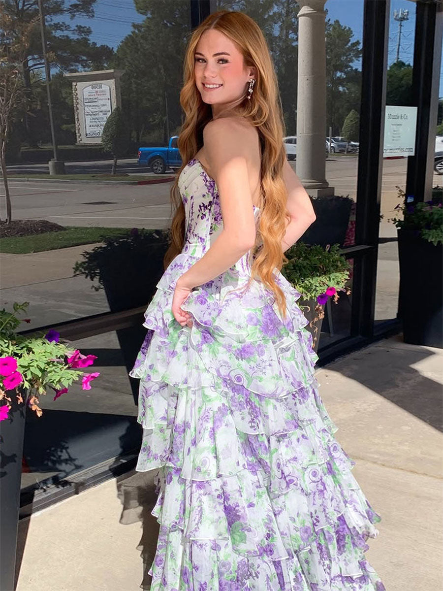 A Line Sweetheart Floral Chiffon Tiered Prom Dress with Slit