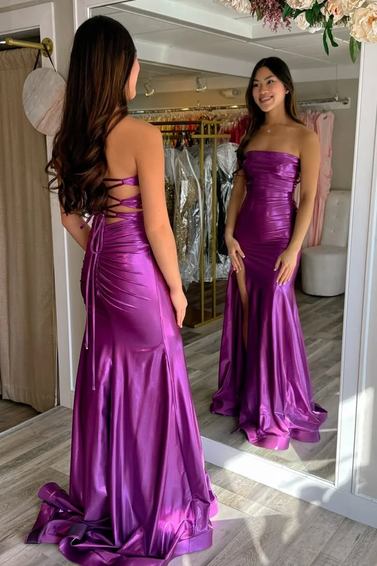 Purple Mermaid Strapless Lace-Up Prom Dress With Slit J9875