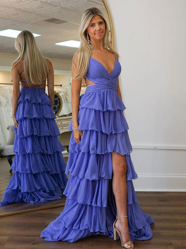 Purple A-Line Spaghetti V-Neck Prom Dress with Cascading Ruffles - FashionDia