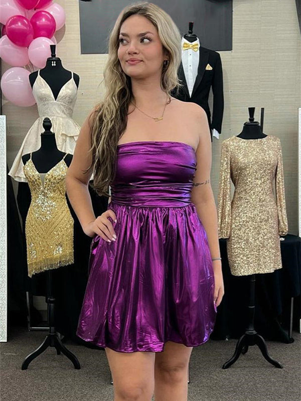 A-line Strapless Metallic Short Homecoming Dress - FashionDia