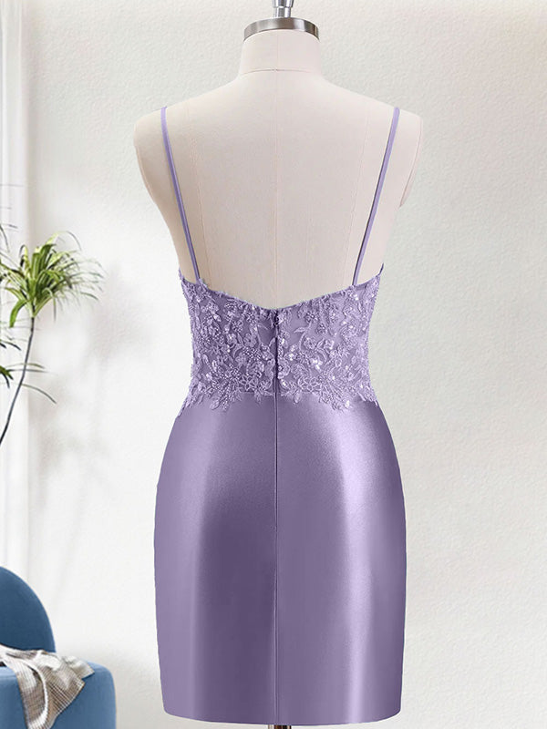 Spaghetti Straps Beaded Appliques Satin Bodycon Homecoming Dress