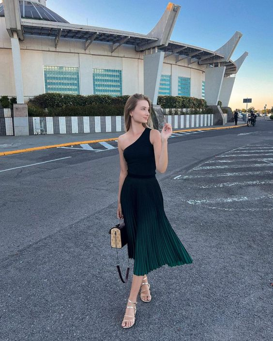 One Shoulder Gradient Color Midi-length Prom Dress