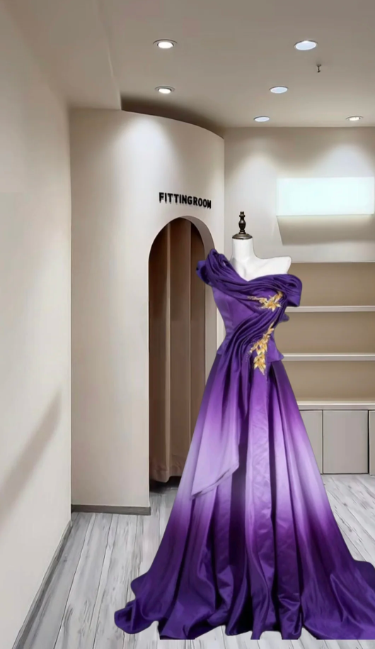 Fashion Off-the-Shoulder Ombre Purple Satin Pleated Long Prom & Evening Dress - FashionDia