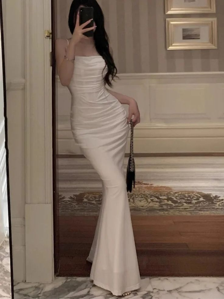 Sexy Spaghetti Straps White Mermaid Evening Dress Long Prom Dress Y7787 - VelvetHem