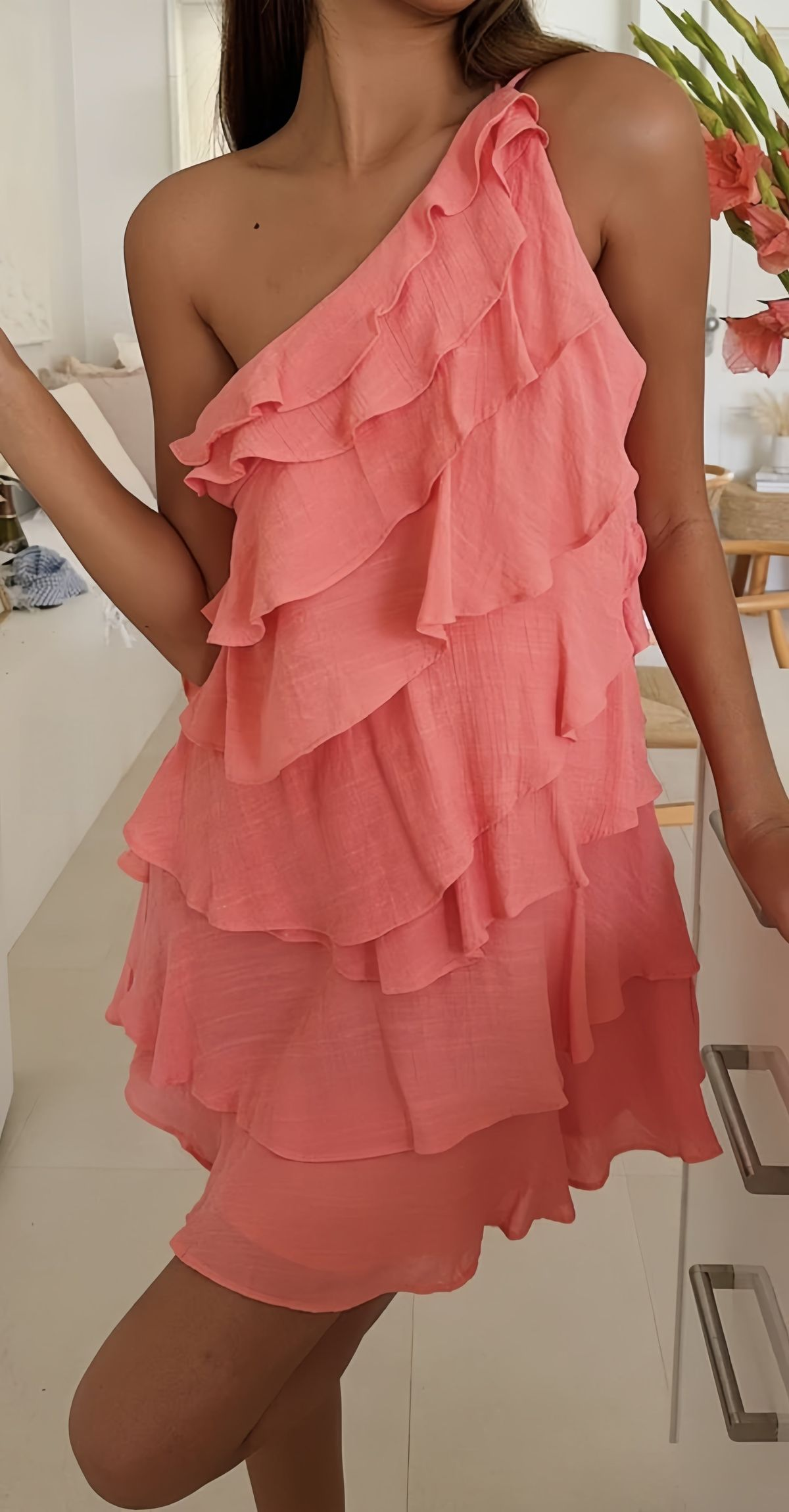 Cute One-Shoulder Chiffon Layered Short Prom Dress Formal 9th Grade Homecoming Dress - FashionDia