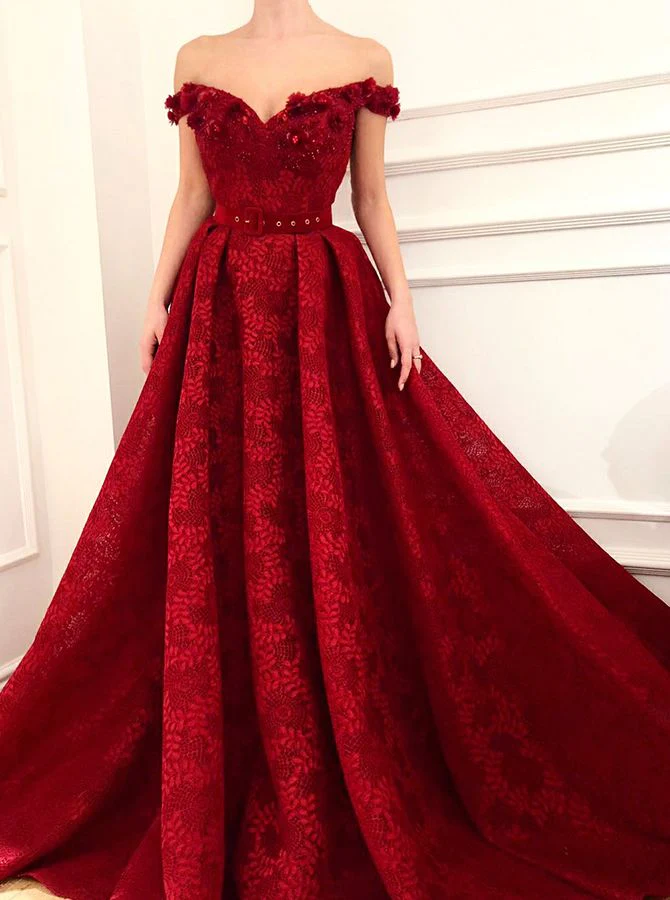 Sweetheart A-Line Red Lace Long Off-the-Shoulder Prom Dresses - FashionDia