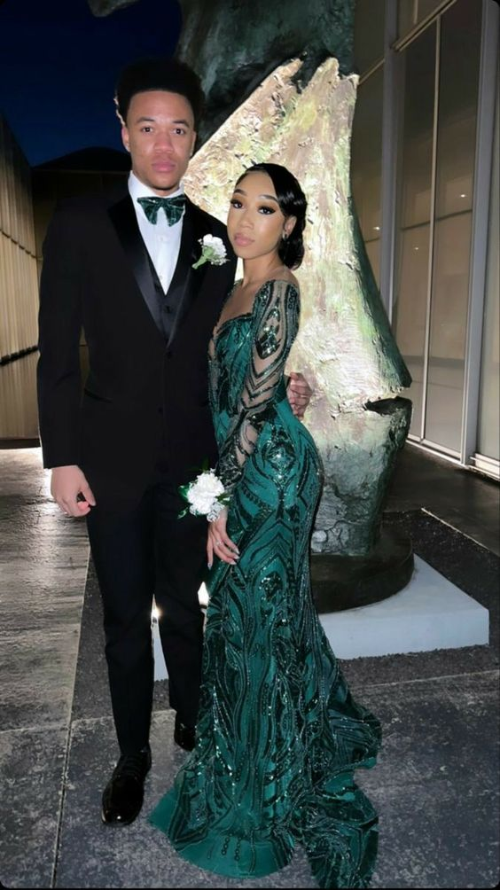 Dark Green Long Sleeves Mermaid Prom Dress - FashionDia