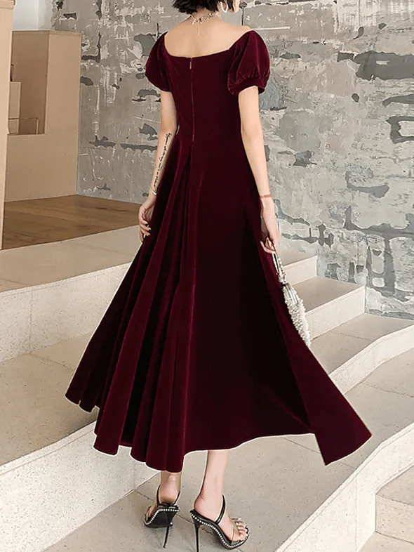 A-Line Minimalist Elegant Homecoming Cocktail Party Dress Sweetheart Neckline Short Sleeve Tea-Length Velvet with Pleats - View 2 | FashionDia