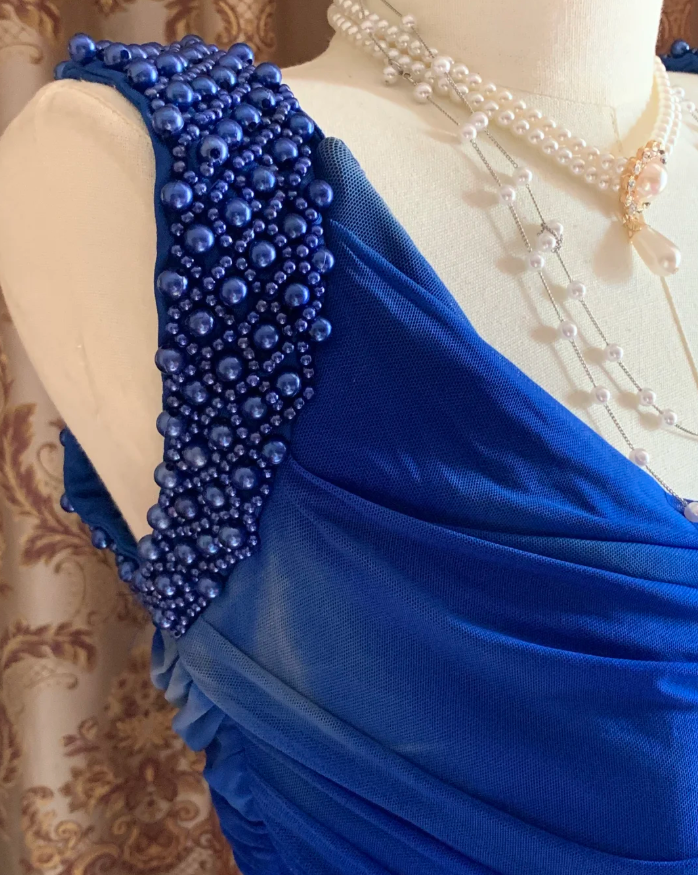 Sexy Royal Blue Tulle Pleated Beaded Mermaid Long Wedding Guest Dress Evening Dress - View 7 | FashionDia