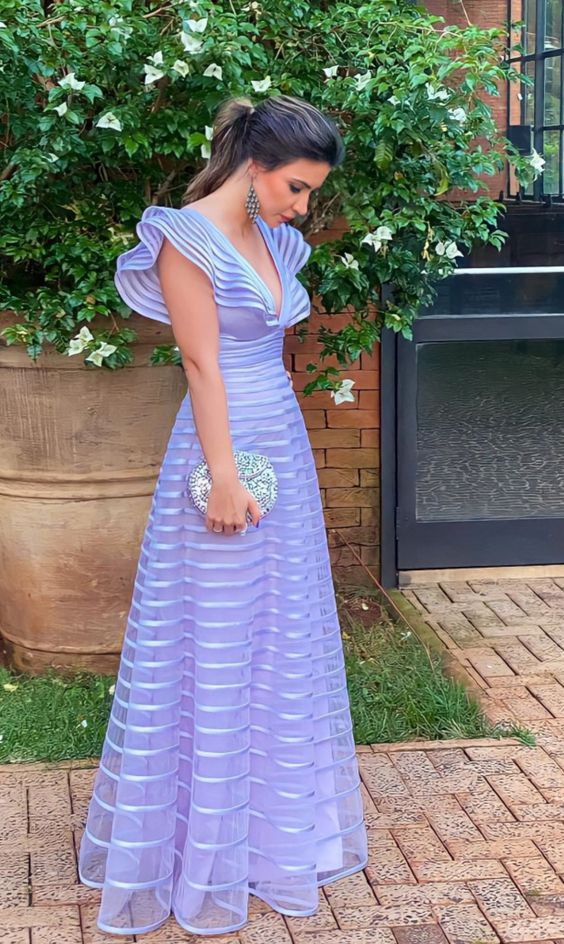 A-Line Chic Cap Sleeves V-Neck Long Formal Evening Dress - FashionDia