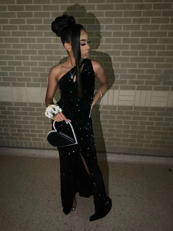 One Shoulder Black Sequins Evening Dress Formal Prom Dress