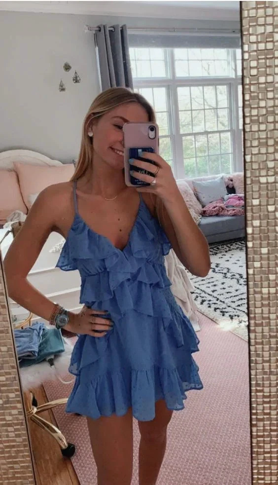 A-line V Neck Blue Short Homecoming Dress Lovely Homecoming Dress Y451 by simplepromdress