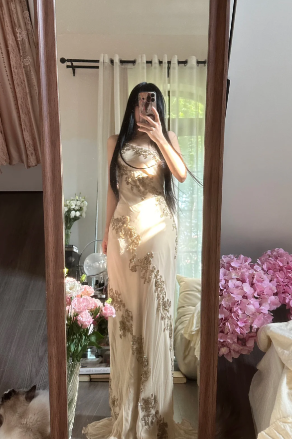 Vintage Spaghetti Straps Chiffon Beaded Mermaid Long Evening Dress Formal Birthday Party Dress - View 3 | FashionDia