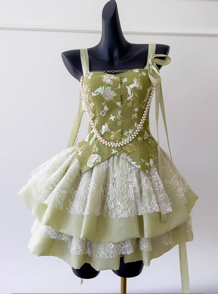 Pretty Green Satin Lace Short homecoming Dress Birthday Outfits - View 2 | FashionDia