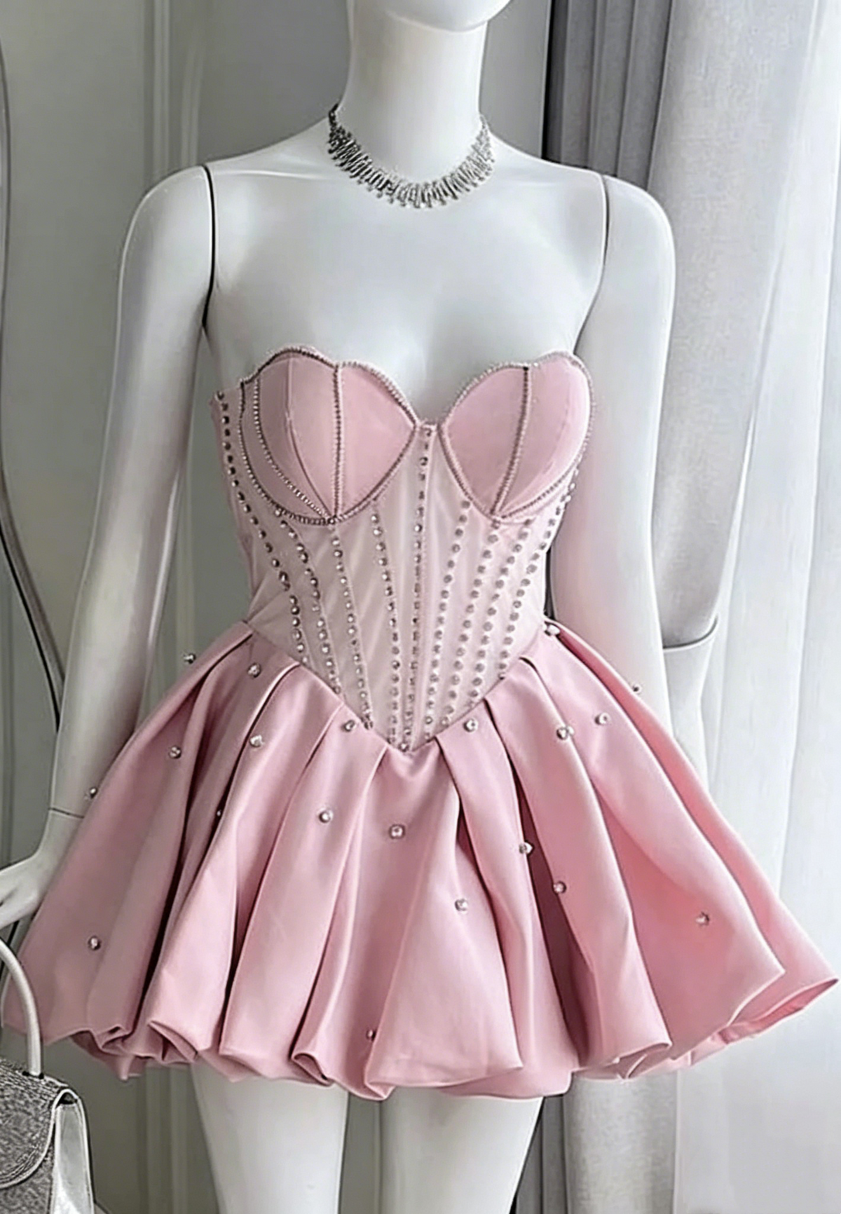 Pretty Sweetheart Neck Satin Beaded A Line Short Homecoming Dress,Pink Short Party Dress D4002