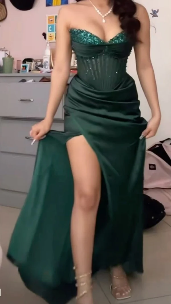 Vintage Green Strapless Sequins Satin Slit Evening Dress,Mermaid Party Prom Dress - View 2 | FashionDia
