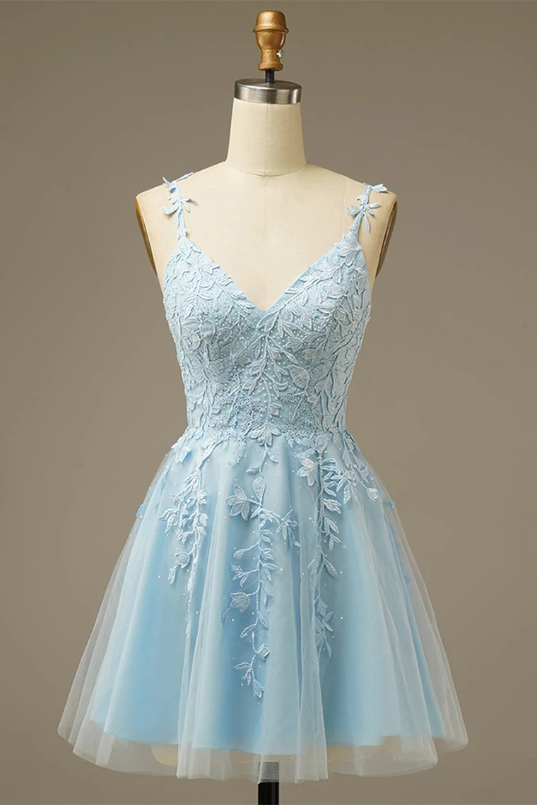 A-Line V-Neck Homecoming Dress With Appliques - FashionDia