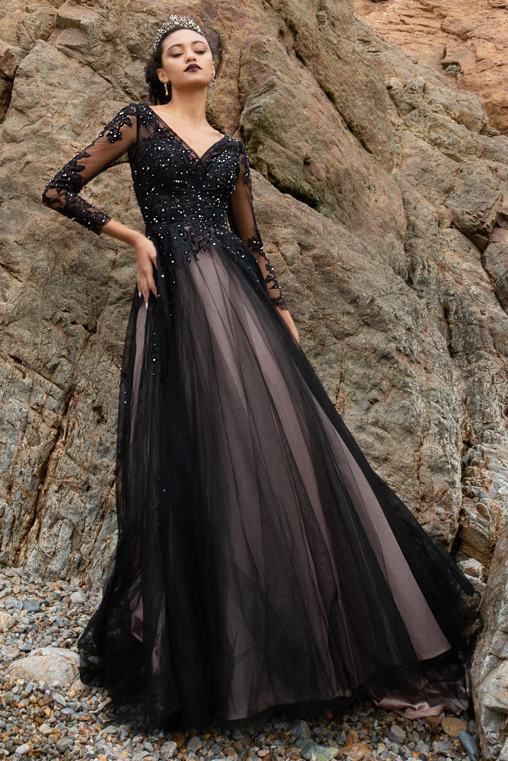 A-Line Court Train Tulle Wedding Dress Black Tulle Lace Bridal Dress