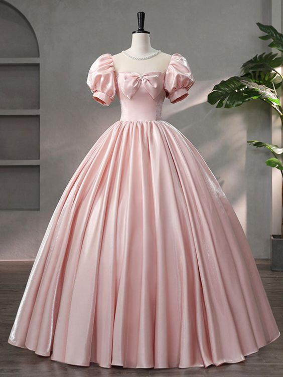Beautiful Pink Scoop Neck Satin Floor Length Prom Dress A-Line Short Sleeve Evening Dress with Bow Y6082 - VelvetHem