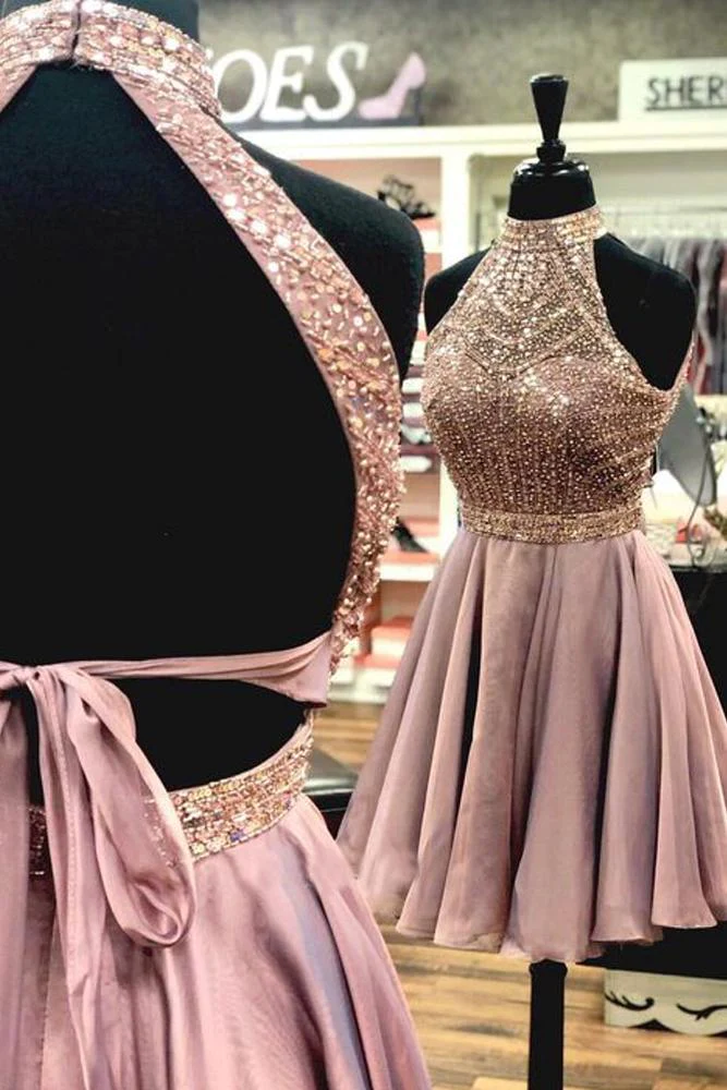 A-Line Halter Open Back Chiffon Short Homecoming Dresses with Beading - FashionDia