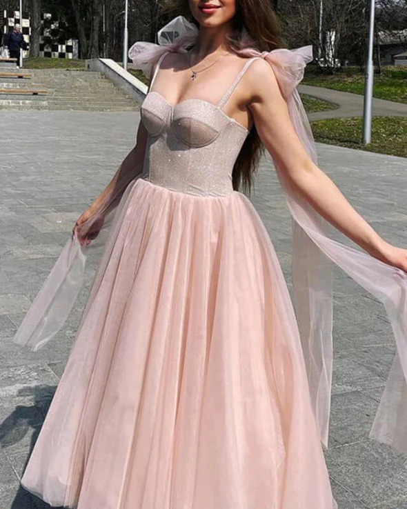 Blush Tulle Ankle Length Dress With Sparkly Corset Tea-Length Prom Dress - View 2 | FashionDia